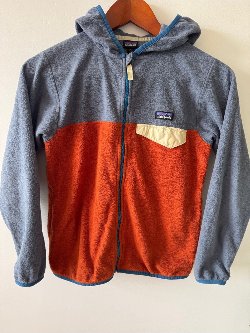 Patagonia Kids Hooded Fleece Jacket - Light Blue, Orange & Cream